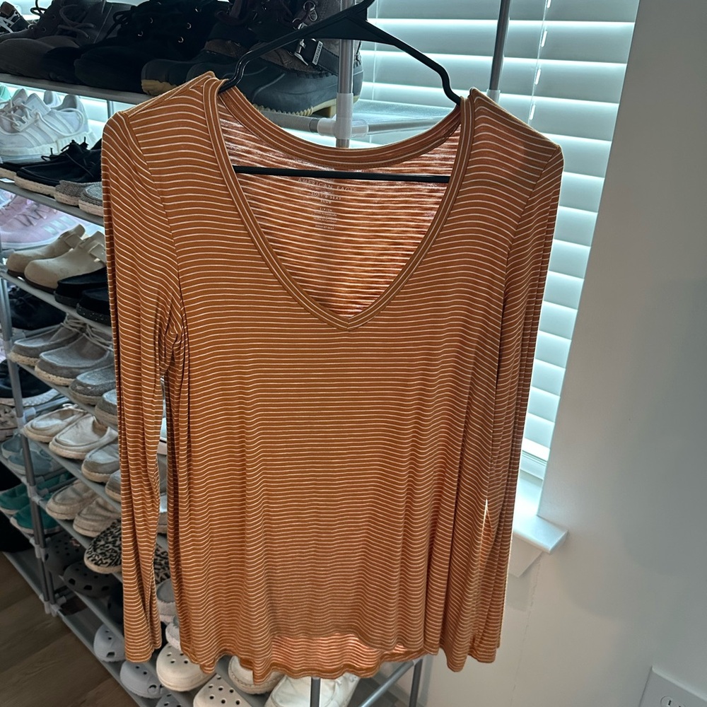 American Eagle Outfitters Rust and White Striped V-Neck Long Sleeve Top